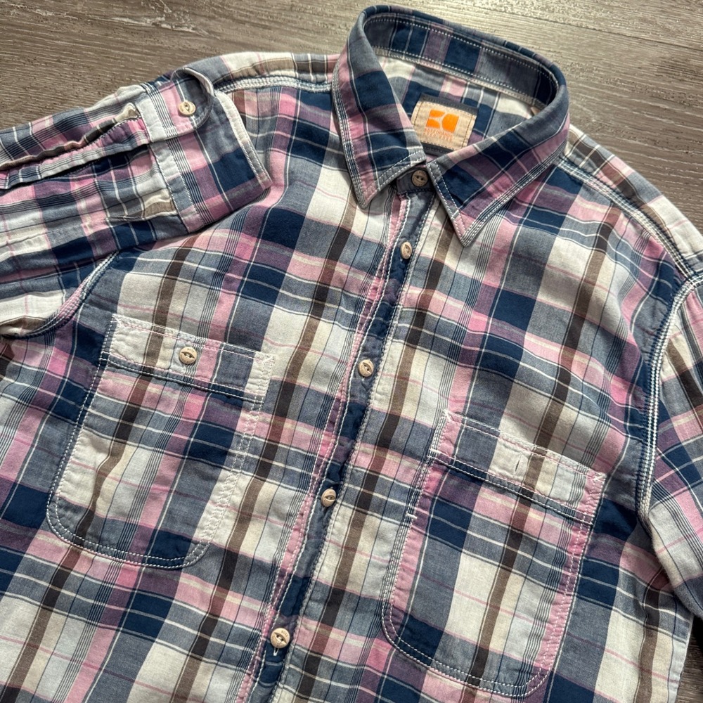Boss Orange Hugo Boss Shirt Mens M Blue Pink Plaid Cotton Button Down Roll Tab